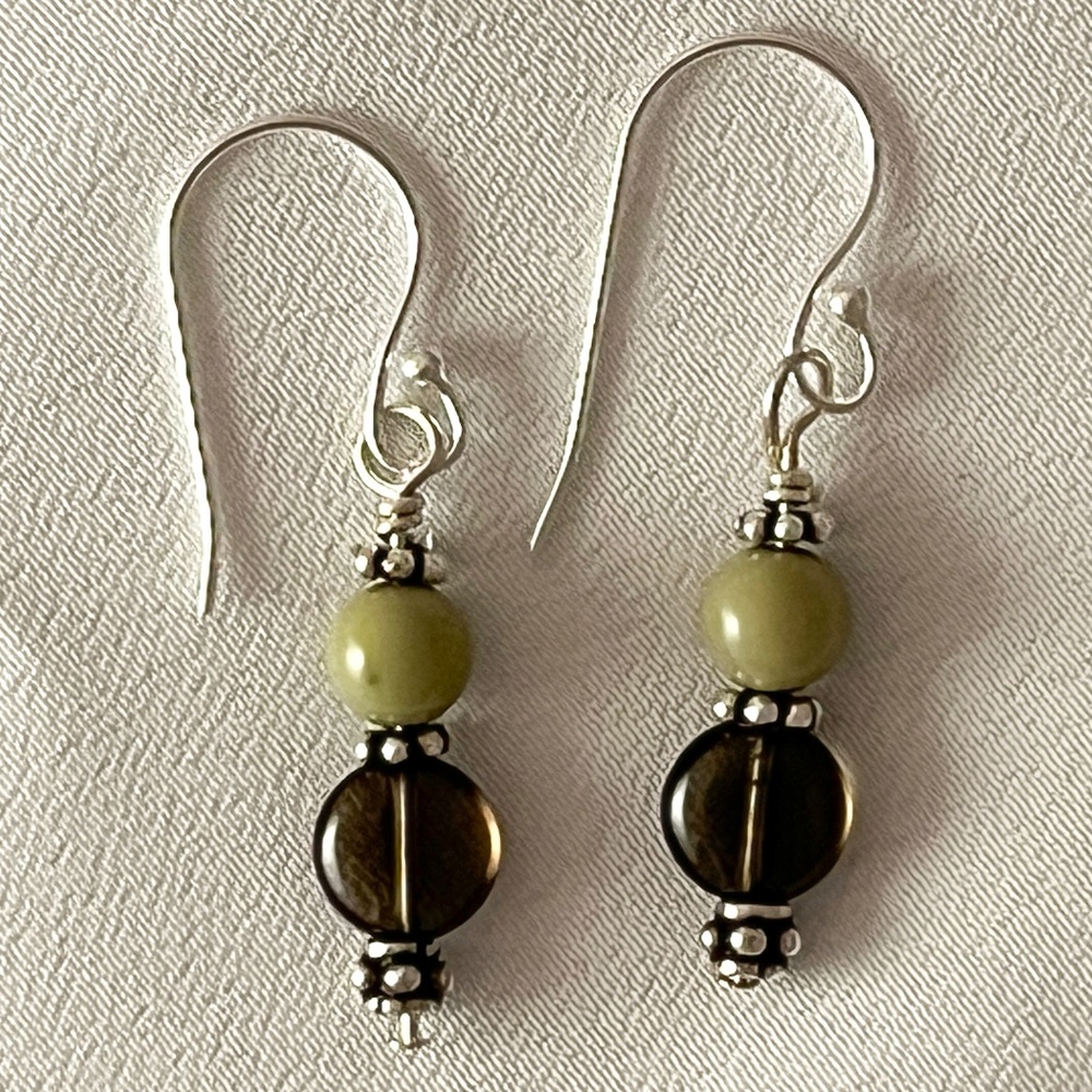 Olive Jade and Smokey Quartz w/Sterling Silver Earrings